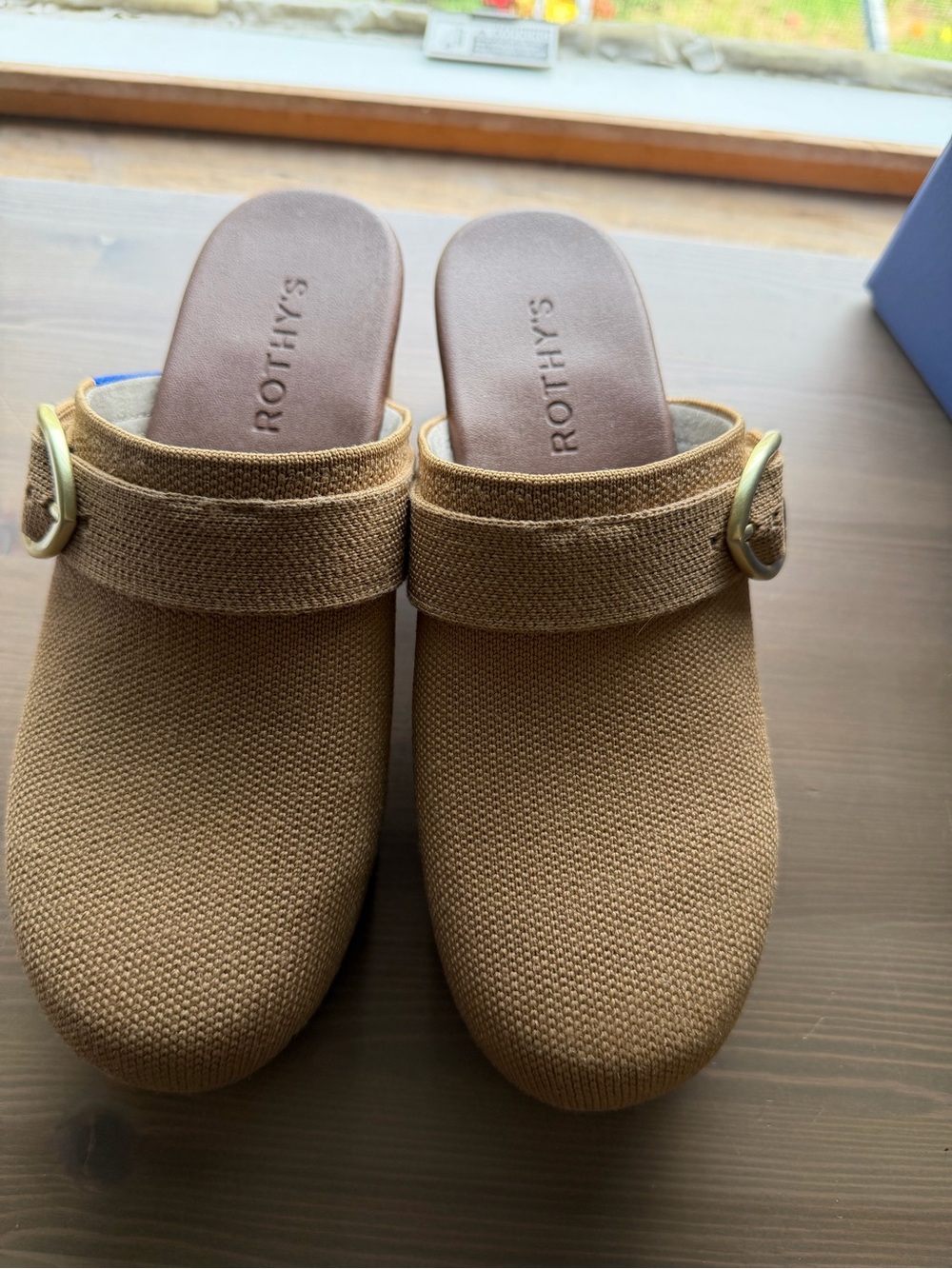 Rothy's Classic Clog Butternut knit upper .Platform Slip-On with gold Buckle